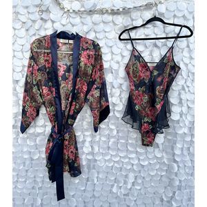 Victoria’s Secret VTG Gold Label Blue Floral 2 Piece Robe Teddy SET SMALL Sheer